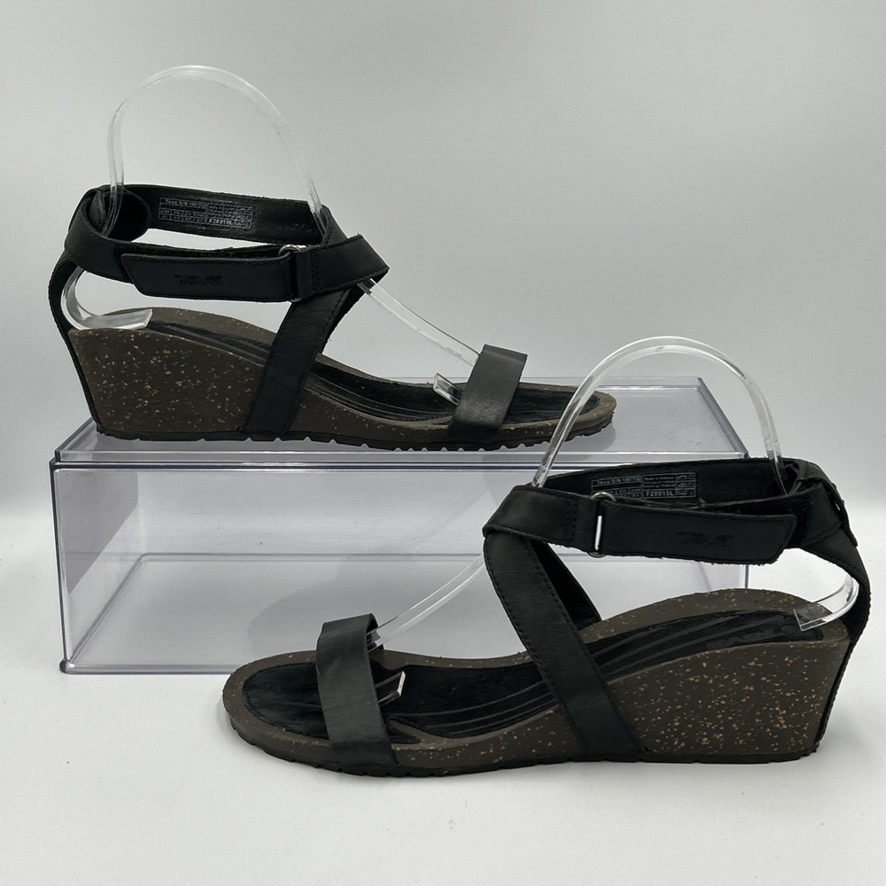 Teva Cabrillo Crossover Wedge Sandals 8.5 Black Leather Ankle Strap Cork Comfort
